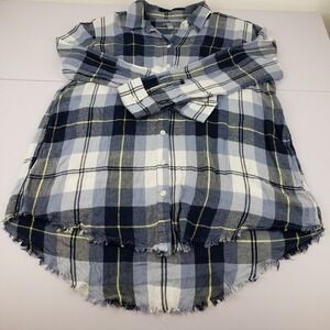 Aerie Blouse Women Medium Blue White Plaid Flannel Frayed Hem Button Soft Shirt